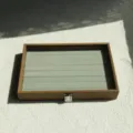Walnut wood grain jewelry storage box with grey velvet ring slots and transparent lid - Ring Slot Style / Walnut Color (Grey Interior)