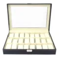 24-slot black leather watch display case with transparent window and velvet interior - 24 Slots / Black