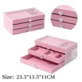 Detail view of pink 3-layer velvet jewelry organizer box with dimensions 23.5x13.5x11cm - Multi-Function Triple Drawer Style / 23.5*13.5*11cm / Pink