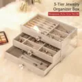 Detailed view of a three-layer clear acrylic jewelry box featuring grey velvet drawers. - Multi-Function Triple Drawer Style / 23.5*13.5*11cm / Gray