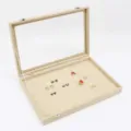 Professional beige linen jewelry display box with transparent glass lid and metal buckles - 100-Slot Ring Tray / 35*24*4.5cm