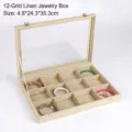 Linen 12-slot jewelry display box with glass lid for rings and bracelets organizer - 12 Grids / 35*24*4.5cm