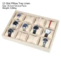 Beige linnen sieradendisplay-tray met 12 vakken voor horloges en armbanden organizer - 35*24*5cm / Jute
