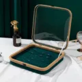 Elegant bamboo ring display box with dark green velvet interior and clear glass lid - Square With Lid Spring Strip / Dark Green