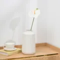 Detail view of a white ceramic vase with an artificial anthurium flower for home decor. - White