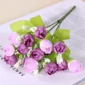Artificial mini rose flower bouquet purple silk rose buds with green leaves for home decor - Purple