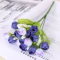 Artificial small rose flower bouquet, blue purple tea bud with green leaves for home decor. - Blue