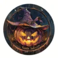 Halloween wooden hanging sign, decorative door plaque with spooky pumpkin and witch hat design. - Style D