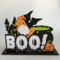 Decorazione da tavolo in legno di Halloween gnomo castello calderone BOO festa festiva - Stile D / 15x18cm