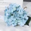 Artificial blue hydrangea single stem silk flower with green leaves home wedding decor - Blue
