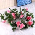 Pink artificial rose vine garland silk flower 16 heads hanging plant decor for home wall - Pink