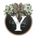 Targa da porta rotonda in legno con ghirlanda di fiori e fiocco per decorazione ingresso. - 30*30cm / Lettera Y