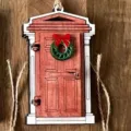 Mini wooden fairy door with Christmas wreath ornament, rustic elf door for garden decor. - Style C