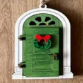 Wooden fairy door ornament miniature green arch door with red bow Christmas wreath hanging decor - Style D
