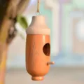 Wooden hanging bird house acorn shape outdoor garden decoration feeder, brown natural wood. - C-Beechwood