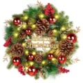 Christmas wreath with pinecones berries lights festive door hanging decoration detail - Lit Christmas Letter Wreath (43cm)