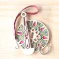 Portable wooden wrist yarn holder craft tool set with red leather strap and ring. - Peacock Feather