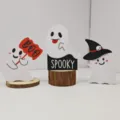 Süßer weißer Geist Halloween Holzornament Tischdekoration mit BOO und SPOOKY Schild. - Neues 3-teiliges Geister-Set B