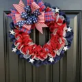 Independence day patriotic wreath red white blue mesh door hanging decoration with big bow star - Style H 40x40cm