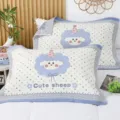 Cute cartoon sheep pattern pillowcase soft fine yarn pillow towel blue plaid edge - 52x78cm (Single Pack) / Cloud Lamb Blue