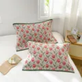 Serviette d'oreiller en coton respirant à motif de tulipes, bordure verte élégante pour chambre. - Tulipe / Individuel