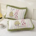 Soft children cotton gauze pillowcase featuring cute rabbit embroidery and green lace border. - Flower Dress Rabbit