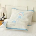 Soft striped cotton gauze pillow cover with cute house embroidery for home daily use pair. - Dream Cottage