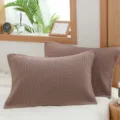 Brown grid cotton gauze pillowcase, minimalist Japanese style bedding for home and dorm use. - Brown