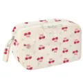 Cute corduroy pencil case and cosmetic bag with cherry and bow print, dual zipper design. - Cherry Heart