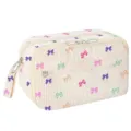 Cute corduroy double layer pencil case with colorful bows, portable cosmetic storage bag. - Colorful Bow
