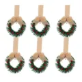 Mini Christmas wreath with red berries burlap bow for holiday cabinet hanging decoration 6pcs - 6 Pieces/Pack / Cotton Linen Color