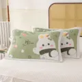 Cute cartoon rabbit pattern cotton gauze pillowcases pair for bedroom bed decor, soft green. - Waving Bunny