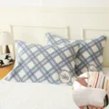 Blue plaid cotton pillow towel, soft three-layer gauze pillowcase with elastic strap. - Plaid Crown