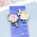 Pink rose and gold shell alloy charms for DIY handmade jewelry crafts measurement view - Rose with Rhinestone (16691) / 1 Piece (11*18mm) / Pink Gold Base
