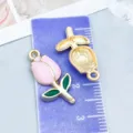 Pink tulip enamel flower alloy charm pendant for DIY jewelry making and handmade crafts - Rose Tulip (23515) / 1 Piece (22*11mm) / Pink Gold Dust
