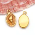 Golden stainless steel oval pendant with orange enamel seashell motif for DIY jewelry making - Stainless Steel Yellow Drip Oil Snail Style (T1701)