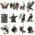 Gothic Halloween enamel charms featuring dragons, ravens, and butterflies for DIY jewelry making - Mixed 12 Dark Halloween Series / Set of 12