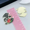 Black enamel dragon pendant with red rose for DIY jewelry in KC gold finish - 26x29mm