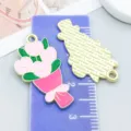 Detailed pink enamel heart flower bouquet charms with gold alloy plating for DIY jewelry - Rose Bouquet (27188)