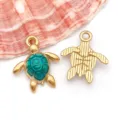 Golden stainless steel sea turtle pendant with green enamel for DIY jewelry craft - Stainless Steel Blue Drip Oil Ocean Turtle Style (T3044)
