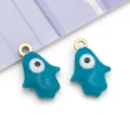 Hamsa hand evil eye charm pendant in gold stainless steel with turquoise enamel. - Hamsa Hand Evil Eye Pendant (T1406) / 1 Piece (9x13mm) / Blue