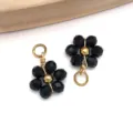 Handmade stainless steel flower pendant charm with black faceted beads and gold wire - Solid Black Daisy Crystal Style (T1248)