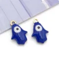 Royal blue Hamsa hand evil eye charm in gold stainless steel for DIY jewelry making. - Sapphire Blue