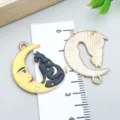 Halloween black cat on yellow moon enamel alloy charm pendant with ruler for scale - Cat Sitting on Moon (18135) / 1 Piece/Pack (21*26mm) / Black