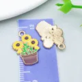 Yellow enamel sunflower pot alloy pendant charm shown with ruler for size reference - Bee Daisy Sunflower Potted Plant (25152)