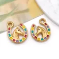 Colorful rainbow enamel horseshoe pendant with golden horse head for DIY jewelry making - Horse Head Pendant (T1675)