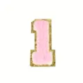 Pink chenille number 1 patch with gold glitter sequin border for DIY clothing repair. - Number 1