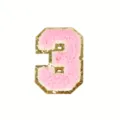Pink chenille number 3 patch with glitter gold border for DIY clothing decoration details. - Number 3