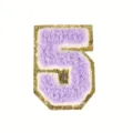 Close-up detail of purple chenille number 5 patch with sparkly gold glitter border. - 5