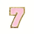 Pink chenille number 7 patch with gold glitter border for clothing and bag DIY decoration. - 7